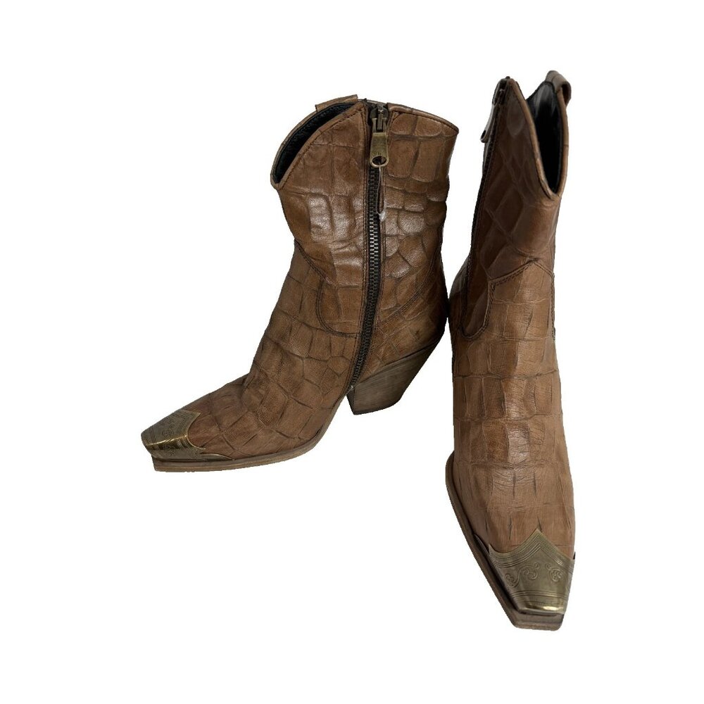 Free People Brayden Croc Western Ankle Boots BROWN sz 37 EU US 6.5-7 RARE